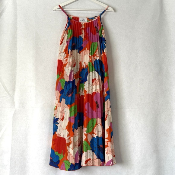 Sam Edelman Midi Dress Retro Floral Plisse Bright Colorful Resort‎ Cruise Size M - Picture 2 of 10